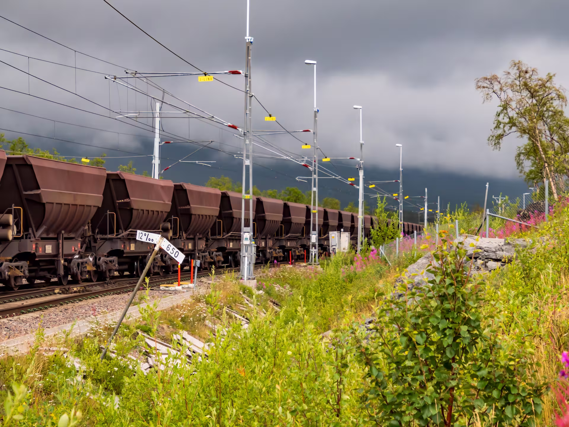 Malmtåg på rälsen uppe i Kiruna med fjällandskap i bakgrunden